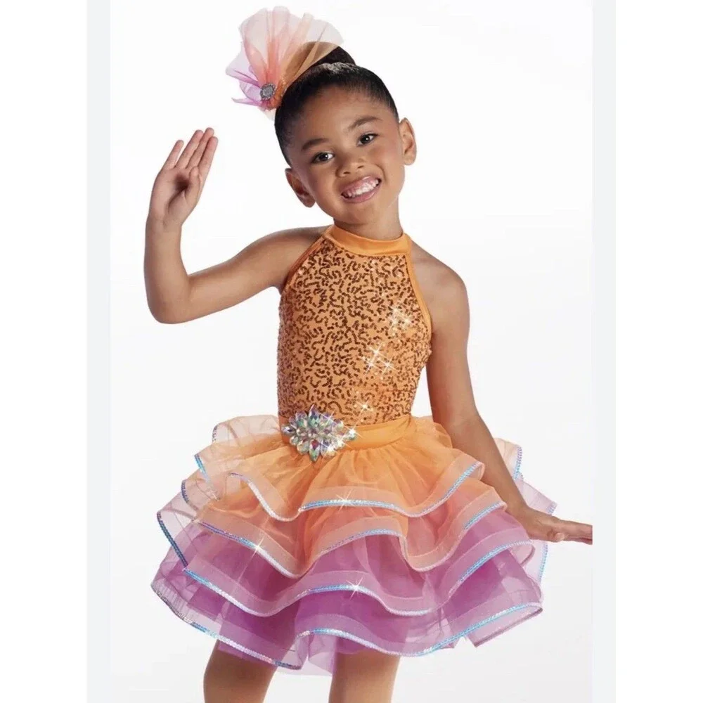 Weissman Orange Dance Costume IC Lets Fly Sequins Jewel Curly Hem Tricot Skirt